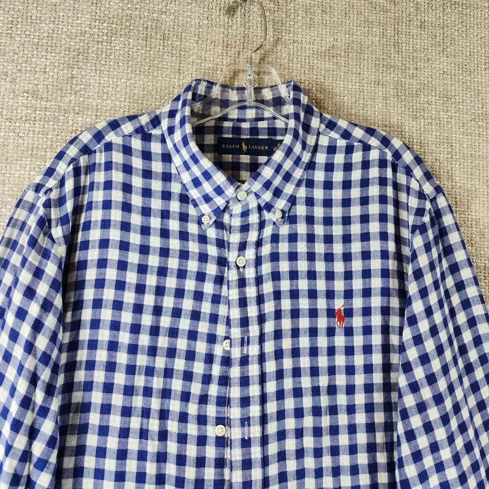 Polo Ralph Lauren Shirt Mens XL Blue White Gingham Plaid Gauze Lined